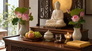 Tượng Phật trên bàn thờ gỗ, cạnh hoa sen, đĩa quả, ly nước và khăn gấp