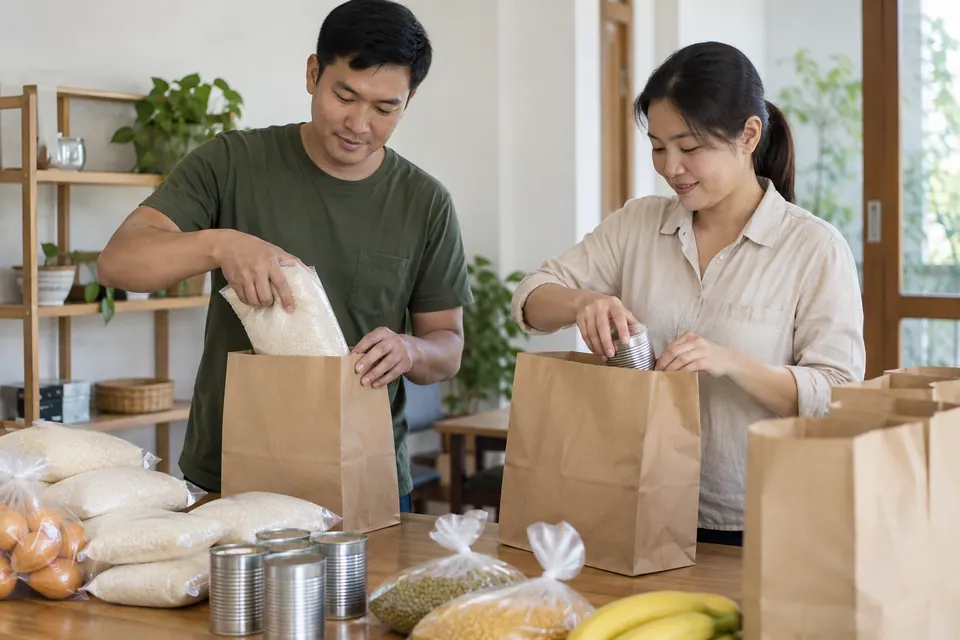 Hai người cho túi gạo và hộp thực phẩm vào túi giấy trên bàn