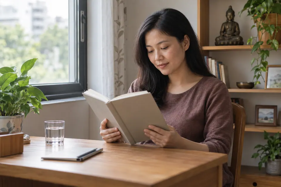Người phụ nữ đọc quyển sách cạnh cửa sổ, sau lưng là kệ có tượng Phật nhỏ