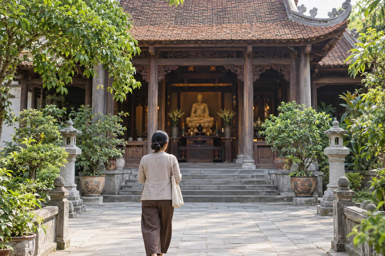 Người khách đứng trên lối lát đá trước gian thờ Phật giữa sân cây xanh