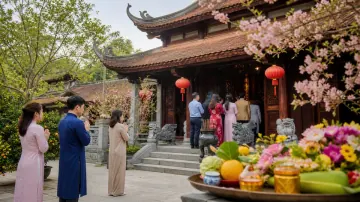 Người đứng chắp tay và đi trên bậc đá trước gian mái ngói, cờ và cây hoa