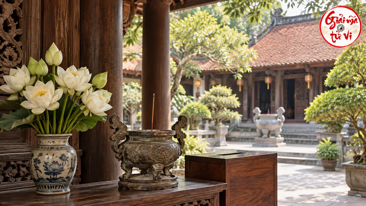 Hoa sen trắng, lư hương có một cây chưa cháy và hộp gỗ có khe, bên hiên nhìn ra sân