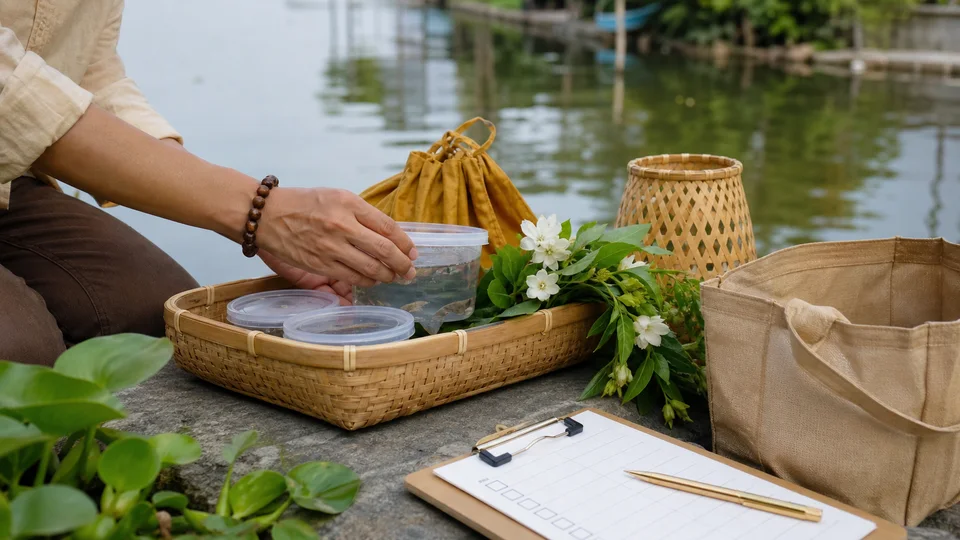 Người ngồi cạnh mặt nước và một mẹt tre có hộp nhựa, hoa cùng túi vải
