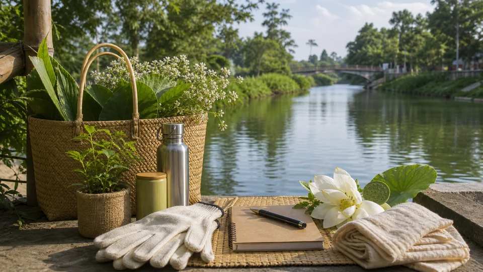 Găng tay, sổ, bình nước và giỏ cây đặt trên bàn cạnh dòng nước
