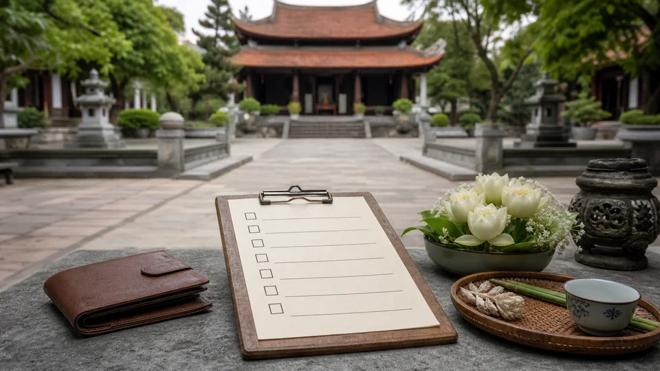 Bảng giấy trống, ví, hoa trắng và chén đặt trên mặt đá trước sân mái ngói