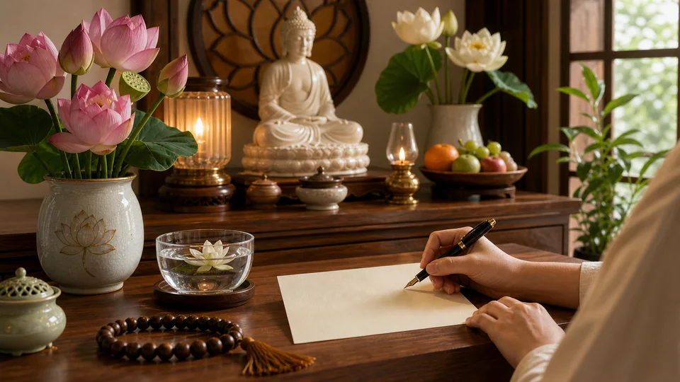 Tay cầm bút trên giấy trắng cạnh chuỗi hạt và bình sen, phía sau là tượng Phật trắng, hoa và đĩa quả