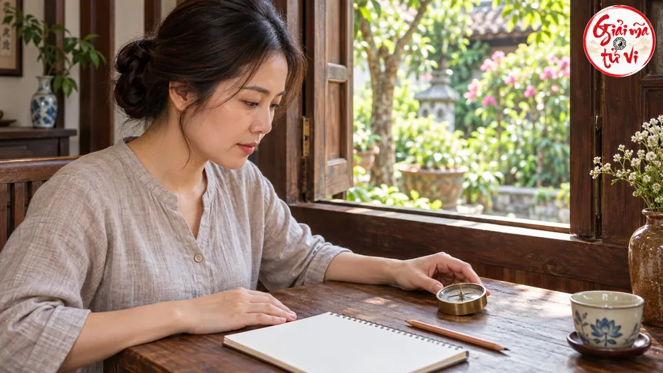 Người phụ nữ quan sát la bàn bên cửa sổ, cạnh sổ trắng và bút chì