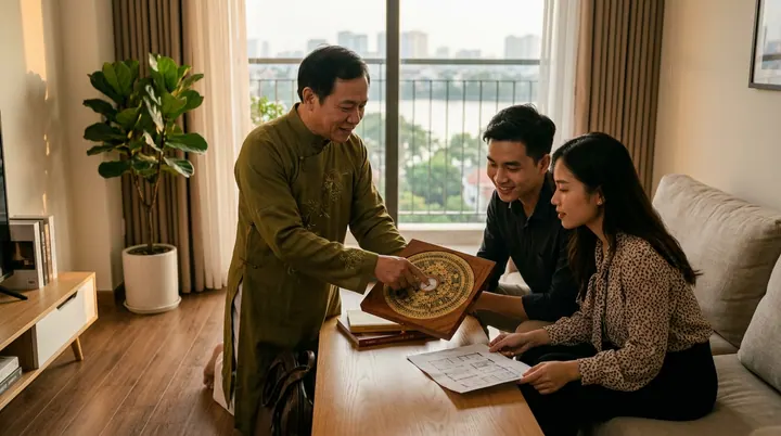 Ba người bên bàn có mặt bằng giấy và la bàn tròn, phía sau là cửa sổ và ban công