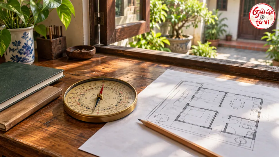 La bàn tròn, mặt bằng nhà và sổ đặt trên bàn gỗ cạnh cửa sổ nhìn ra sân