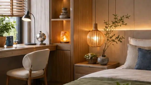 Phòng ngủ có giường chăn xanh, bàn gỗ, ghế và đèn