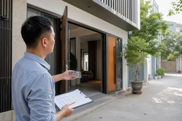 Người đàn ông áo xanh cầm la bàn và tấm bản vẽ trước một ngôi nhà