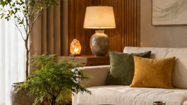 Sofa trắng với gối xanh và vàng, cây xanh cùng đèn trong phòng khách ốp gỗ