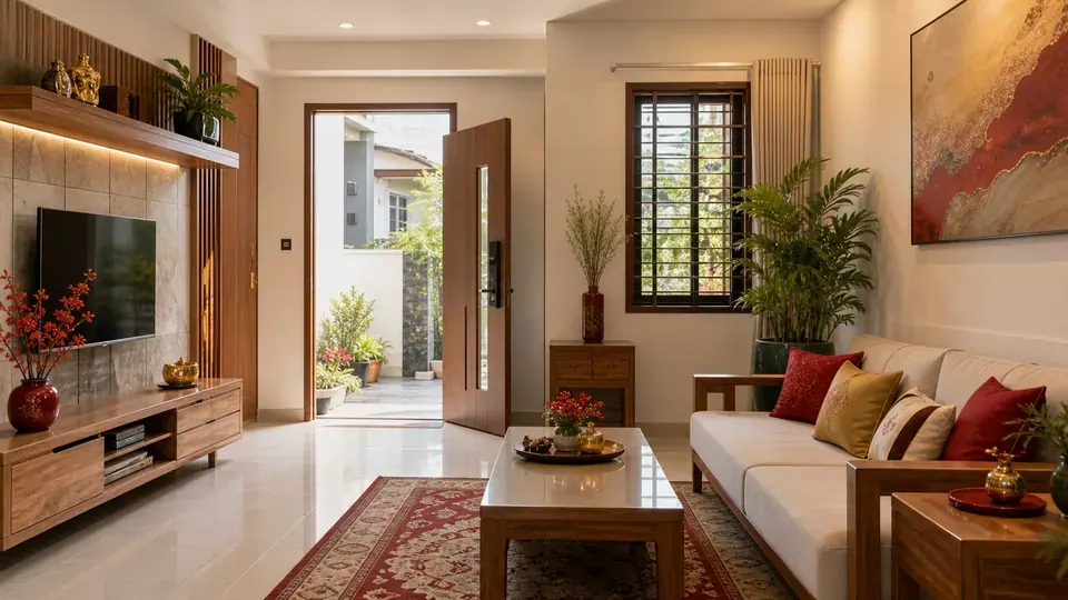 Phòng khách có cửa mở ra sân, sofa và cửa sổ bên lối đi