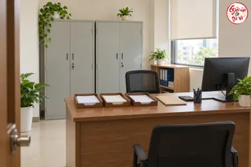 Ba khay giấy trên bàn gỗ, tủ hồ sơ đóng và màn hình nhìn từ phía sau
