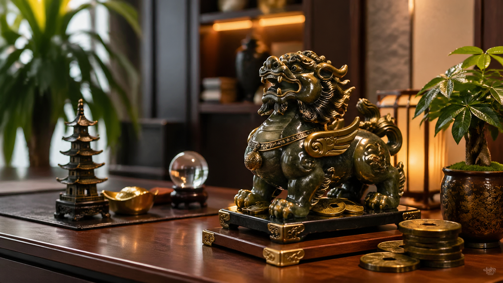 Tượng linh thú màu xanh sẫm có chi tiết màu vàng trên đế chữ nhật, cạnh mô hình tháp, quả cầu, chậu cây và các đồng tiền trang trí