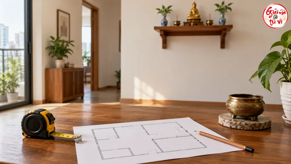 Thước cuộn, bút và tờ phác phòng trên bàn gỗ cạnh bát hương không thắp, logo góc trên phải