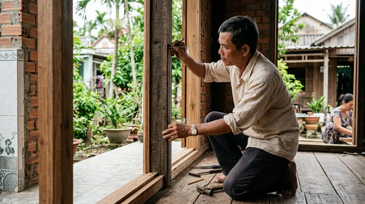 Một người thợ mộc Việt Nam trung niên mặc áo thun xám giản dị đang tỉ mỉ dùng thước đo cuộn kim loại để đo đạc và đánh dấu bút chì lên một khuôn cửa gỗ lớn ngoài hiên nhà.
