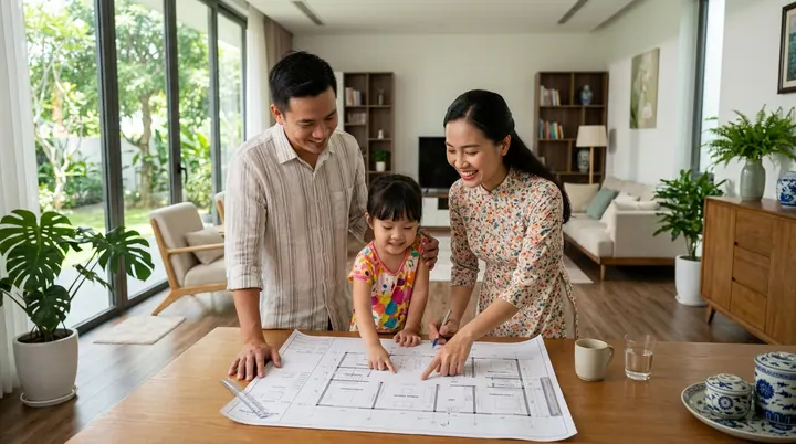 Một đôi vợ chồng trẻ cư sĩ cùng cô con gái nhỏ đang ngồi vui vẻ thảo luận bàn bạc bên chiếc bàn gỗ phòng khách ấm cúng tràn ngập ánh nắng tự nhiên.