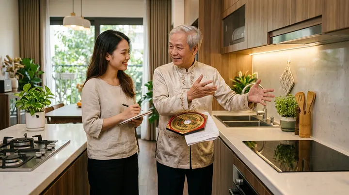 Chuyên gia phong thủy giàu kinh nghiệm mặc áo dài truyền thống đang tận tình dùng la bàn La Kinh gỗ hướng dẫn cho chủ nhà trẻ tuổi cách đặt hướng bếp nấu ăn cát tường.