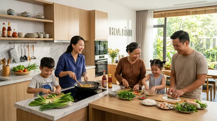 Một gia đình trẻ gồm cha mẹ và các bé nhỏ đang vui vẻ chế biến món ăn trong gian bếp sáng sủa thiết kế gỗ hiện đại thoáng mát rộng rãi.