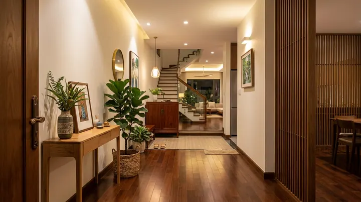 Một lối vào sảnh chính nhà ở rộng rãi, lát gỗ tự nhiên sẫm màu ấm áp, tủ kệ đặt chậu cây kim tiền tươi tốt đón nắng chiếu nghiêng.