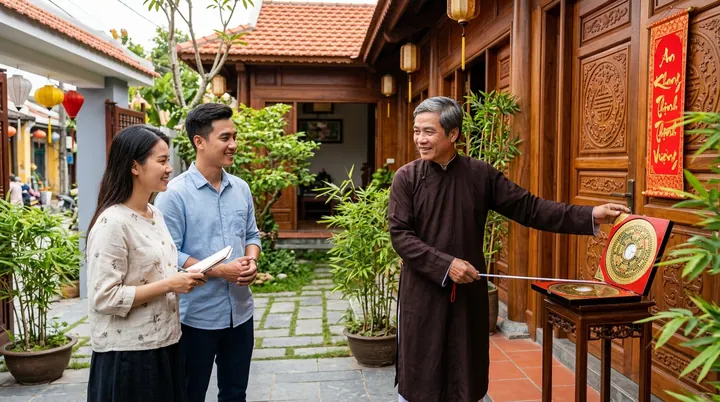 Một chuyên gia phong thủy lão thành mặc áo dài thâm trầm đang cầm chiếc la bàn gỗ La Kinh hướng dẫn hai vợ chồng trẻ cách đo đạc hướng cửa chính chuẩn xác.