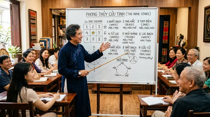 Một giảng sư phong thủy đứng thuyết giảng về tinh bàn Cửu cung và sự luân chuyển ngũ hành trước lớp học đông học viên chăm chú ghi chép.