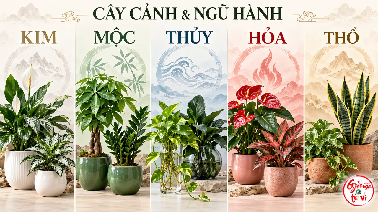 Minh họa nhóm cây cảnh theo Kim, Mộc, Thủy, Hỏa, Thổ