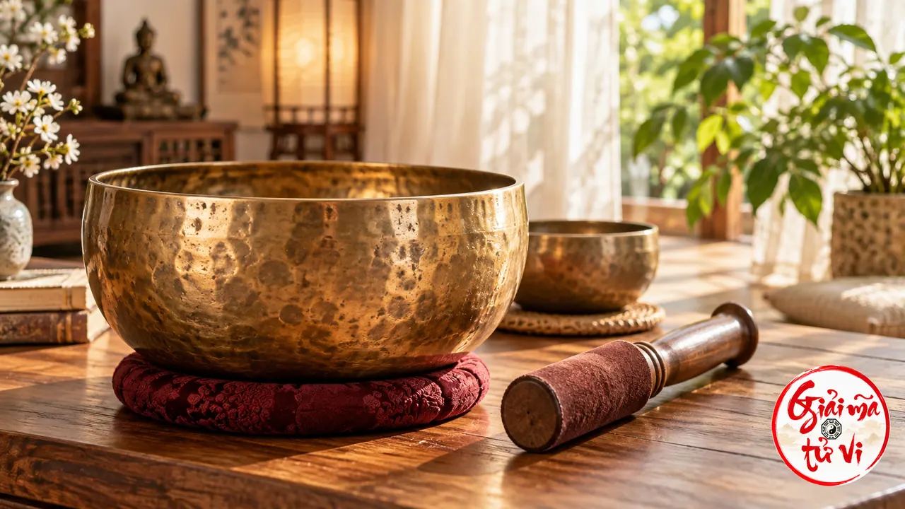 Chuông xoay Tây Tạng bằng đồng trên đệm vải cùng dùi gỗ