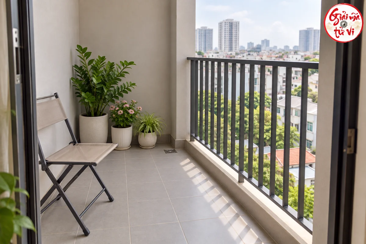Ban công có vài chậu cây, ghế gấp gần cửa và lối đi tới điểm thu nước