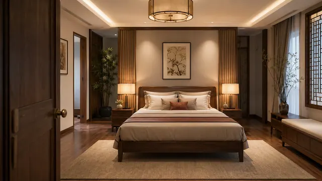 Phòng ngủ gỗ có giường, hai đèn bàn, cửa sổ và đèn treo dài cạnh giường