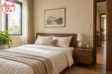 Giường đôi cạnh cửa sổ, tủ đầu giường có sổ đóng và la bàn