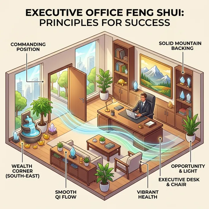 Sơ đồ bố trí tổng thể phong thủy phòng Giám đốc Chủ tịch với vị trí Tọa Hậu và góc Tài Vị