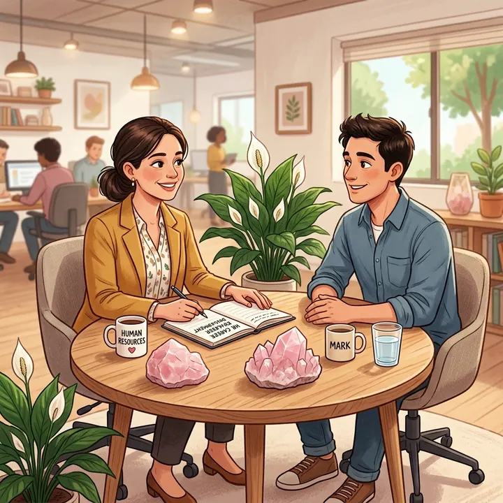 Bàn tư vấn trao đổi nhân sự bài trí thạch anh hồng và cây lan ý tạo thiện cảm và hòa giải tranh chấp
