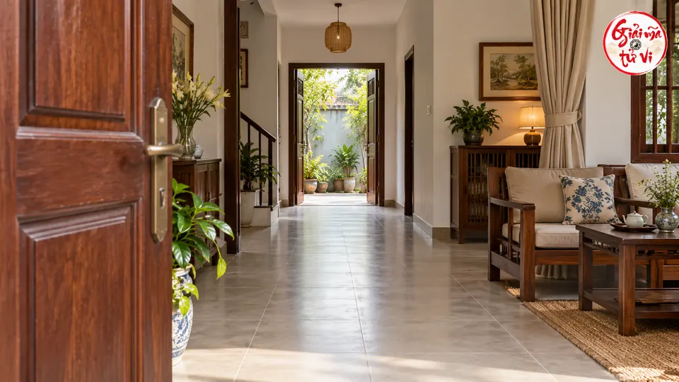 Cửa gỗ phía trước mở ra lối lát gạch dẫn tới cửa sau và sân cây xanh, bàn ghế ở bên phải