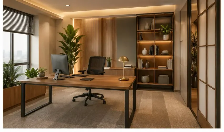 Phòng làm việc có bàn gỗ, tủ và chậu cây ở cạnh cửa sổ