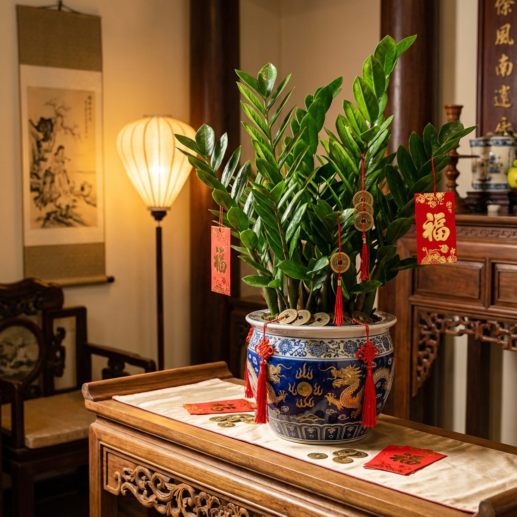 Cây có nhiều cành lá kép xanh bóng trong chậu sứ xanh trắng, treo thẻ đỏ và dây trang trí