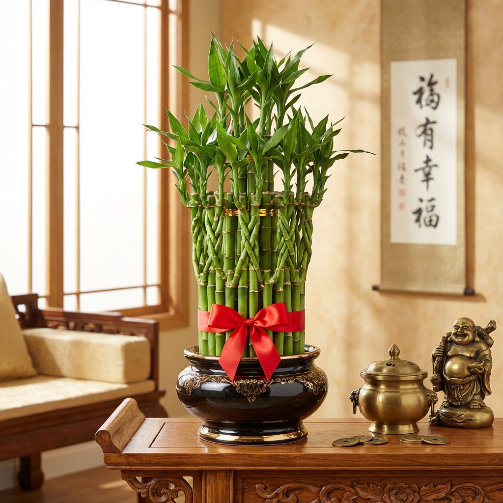 Bó thân cây xanh có đốt, buộc nơ đỏ và mọc lá dài, đặt trong chậu sứ