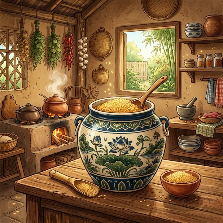 Hũ gạo gốm sứ phong thủy hoa văn hoa sen truyền thống đầy ắp hạt gạo vàng nơi gian bếp ấm cúng