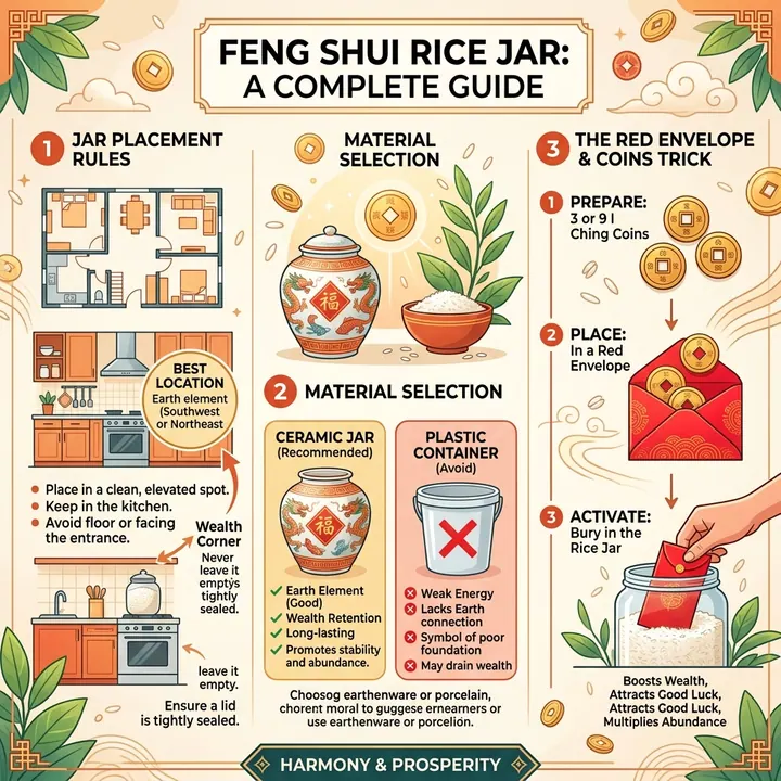 Sơ đồ chi tiết hướng dẫn lựa chọn chất liệu hũ gạo gốm sứ và bí quyết đặt bao lì xì tiền xu đáy hũ