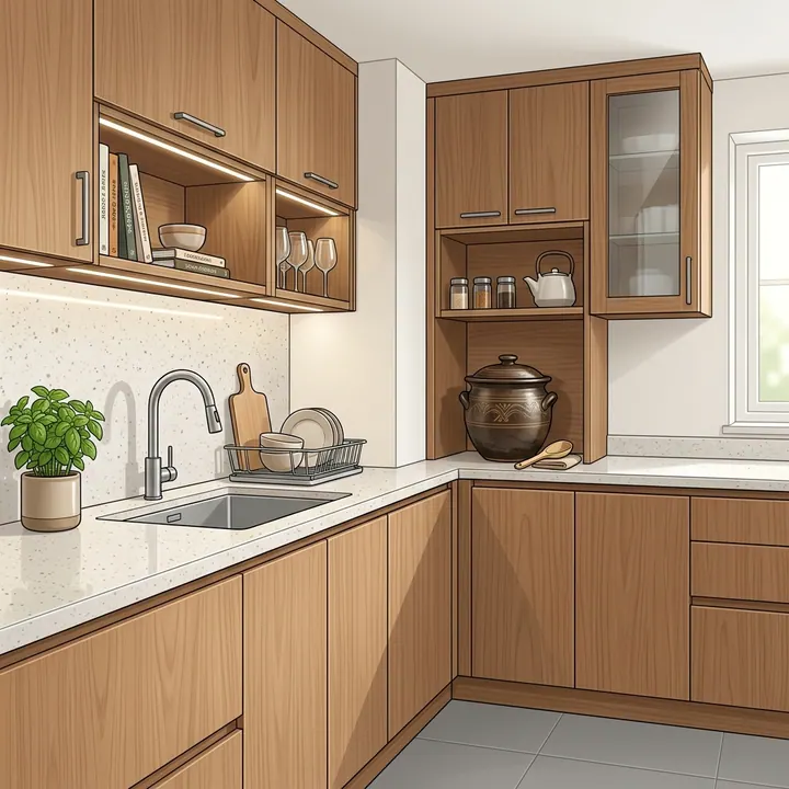 Bố trí hũ gạo gốm sứ gọn gàng kín đáo trong góc tủ bếp hiện đại hướng Tây Nam