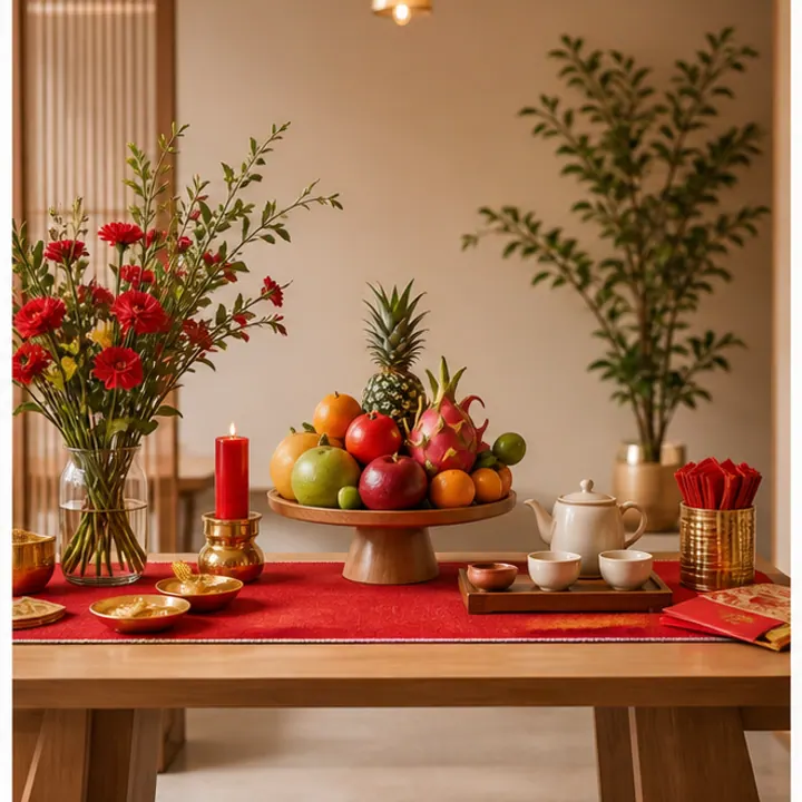 Mâm lễ cúng khai trương bài trí trang trọng với hoa tươi quả ngọt, hương đèn thanh tịnh chuẩn phong tục truyền thống