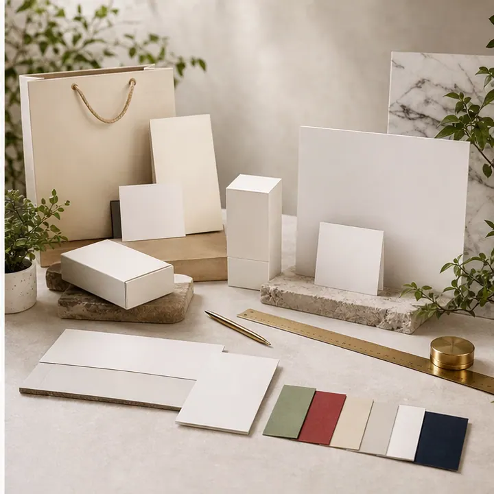 Bộ mẫu ấn phẩm bao bì danh thiếp nhận diện doanh nghiệp đặt cạnh chậu cây xanh và phụ kiện kim loại