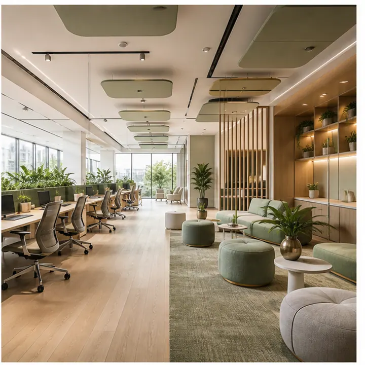 Không gian làm việc mở có lối đi rõ, bàn nhóm, khu lounge và vật liệu tiêu âm