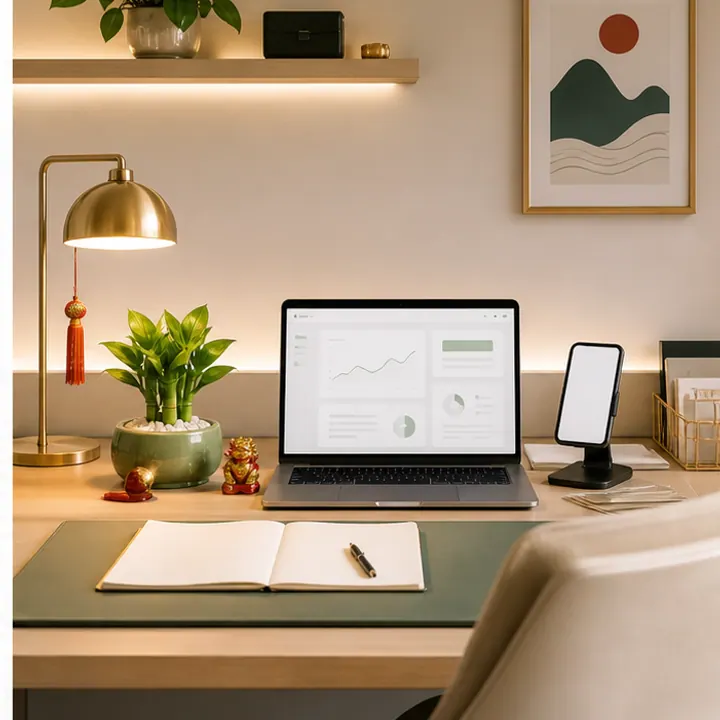 Bàn làm việc bán hàng online với laptop, điện thoại, cây xanh, đèn ấm và dây điện gọn