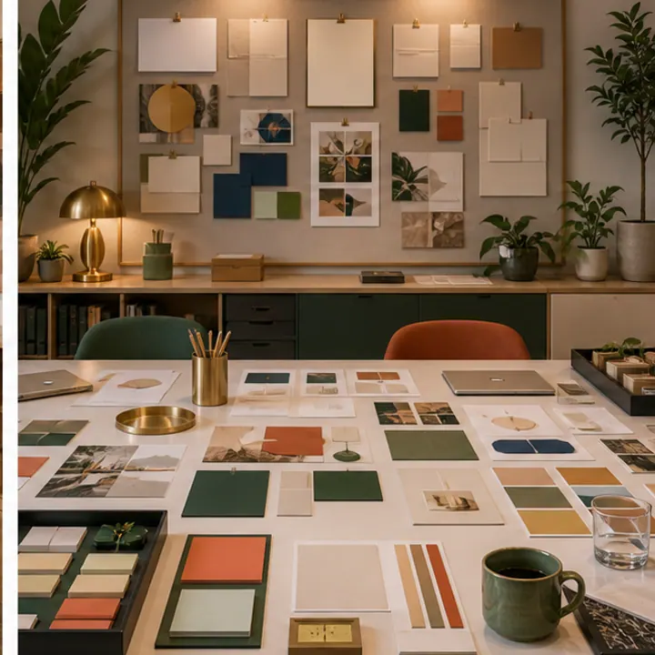 Bàn lập kế hoạch chiến dịch với moodboard trống, bảng màu, mẫu sản phẩm và cây xanh