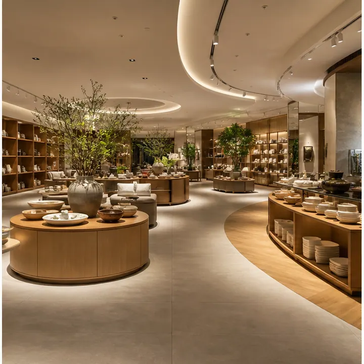 Showroom với cụm trưng bày sản phẩm theo luồng đi cong mềm và ánh sáng ấm
