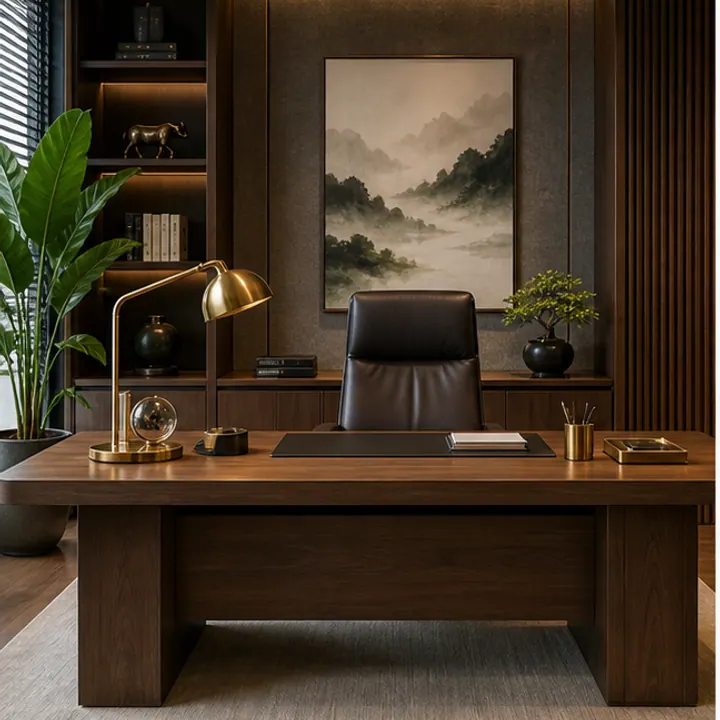 Bàn làm việc CEO bằng gỗ tự nhiên phối chi tiết kim loại tựa vách tường vững chãi, hướng ra cửa sổ thoáng đãng đón ánh sáng tự nhiên