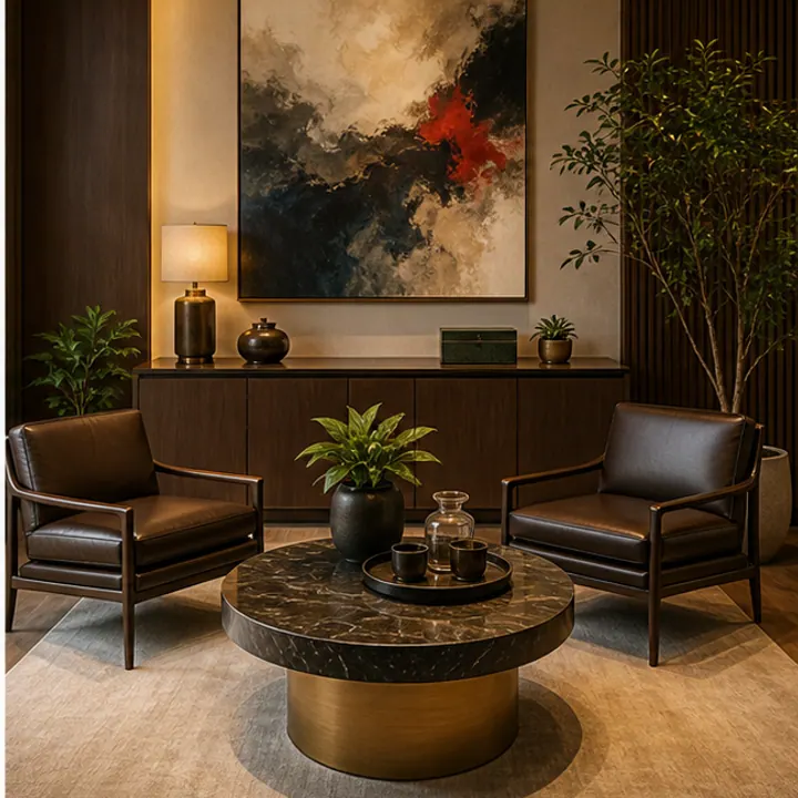 Không gian tiếp khách đàm phán trong phòng lãnh đạo với bộ sofa da cao cấp, bàn trà tròn bo góc và cây xanh phong thủy đón ánh sáng ấm