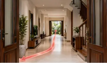 Hai cánh cửa gỗ mở nhìn dọc lối trong nhà ra vườn, có mũi tên đỏ hai đầu trên sàn